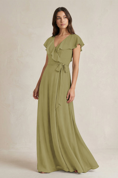 V-Neck A-Line Ruffled Chiffon Bridesmaid Dress With Bow in Moss Green | KISSBRIDAL