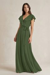 V-Neck A-Line Ruffled Chiffon Bridesmaid Dress With Bow  in Moss | KISSBRIDAL
