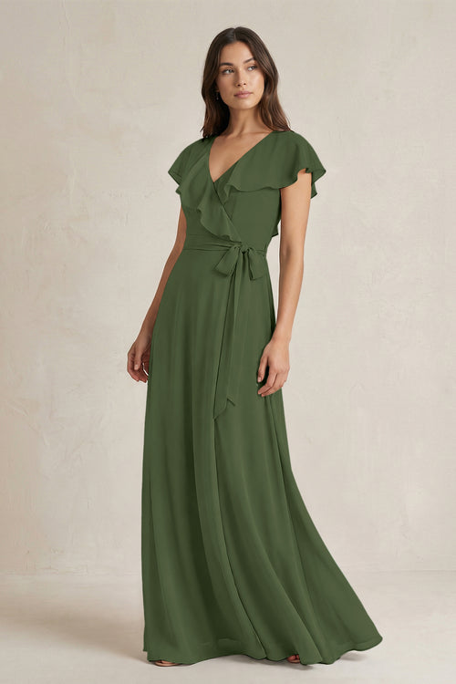 V-Neck A-Line Ruffled Chiffon Bridesmaid Dress With Bow  in Moss | KISSBRIDAL