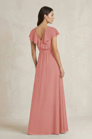 V-Neck A-Line Ruffled Chiffon Bridesmaid Dress With Bow  in Mulberry (2) | KISSBRIDAL