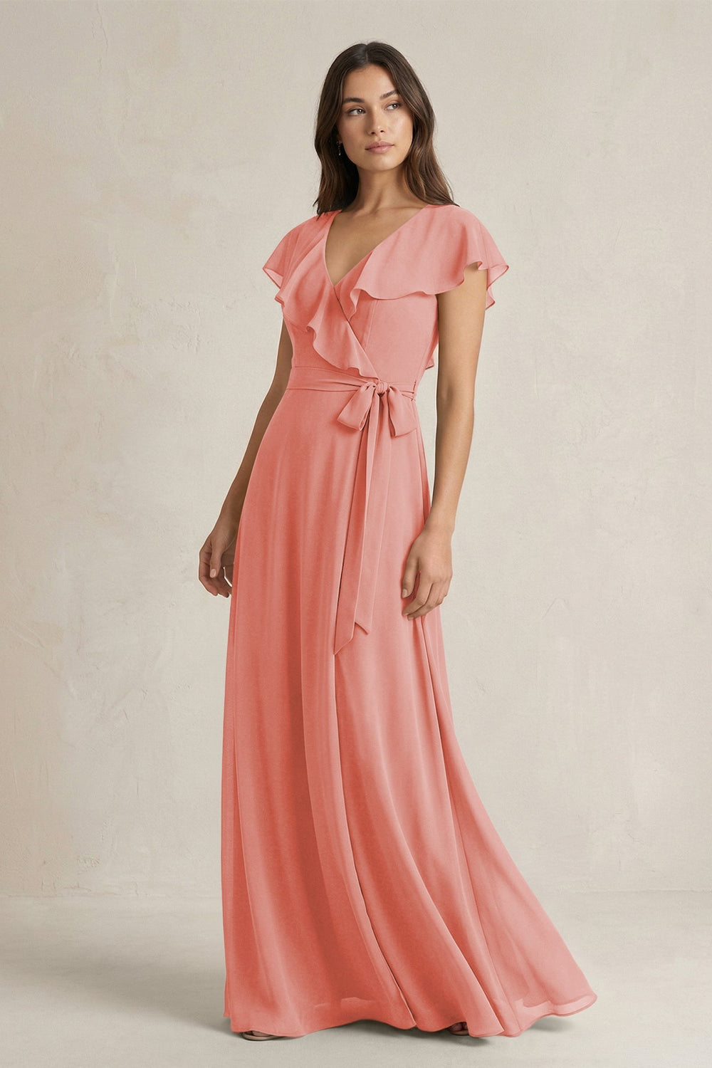 V - Neck A - Line Ruffled Chiffon Bridesmaid Dress With Bow in Mulberry - KISS BRIDAL Bridesmaid Dresses