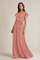 V-Neck A-Line Ruffled Chiffon Bridesmaid Dress With Bow  in Mulberry | KISSBRIDAL