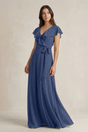 V - Neck A - Line Ruffled Chiffon Bridesmaid Dress With Bow in Navy - SHE IS ME Bridesmaid Dresses