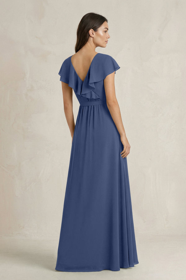 V - Neck A - Line Ruffled Chiffon Bridesmaid Dress With Bow in Navy - SHE IS ME Bridesmaid Dresses