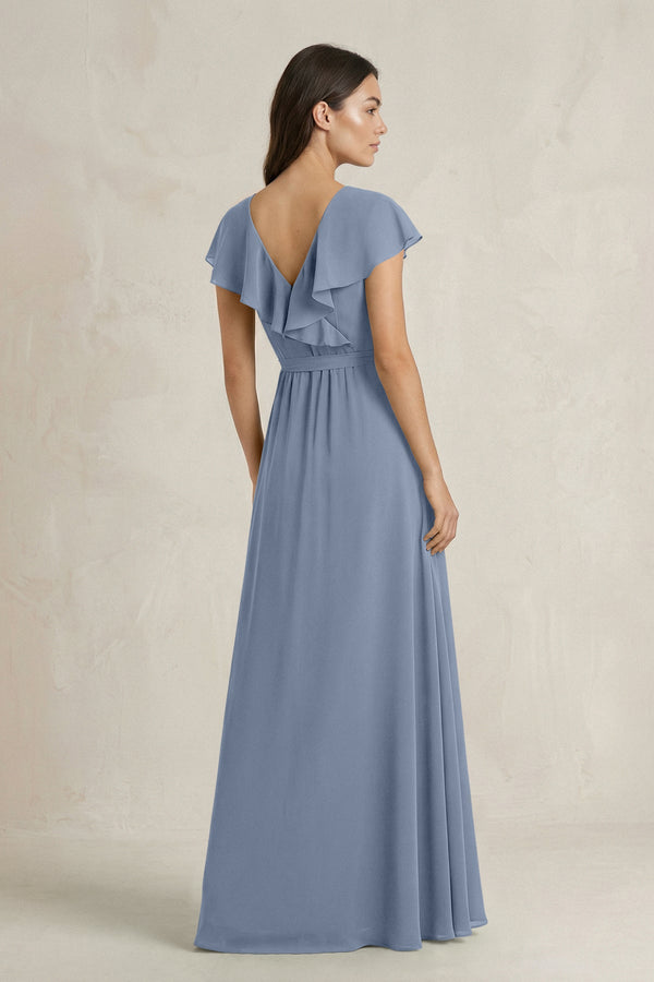 V - Neck A - Line Ruffled Chiffon Bridesmaid Dress With Bow in Neptune - SHE IS ME Bridesmaid Dresses