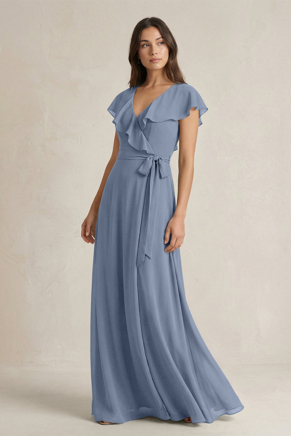 V - Neck A - Line Ruffled Chiffon Bridesmaid Dress With Bow in Neptune - KISS BRIDAL Bridesmaid Dresses