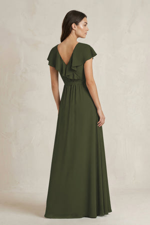 V-Neck A-Line Ruffled Chiffon Bridesmaid Dress With Bow  in Olive (2) | KISSBRIDAL