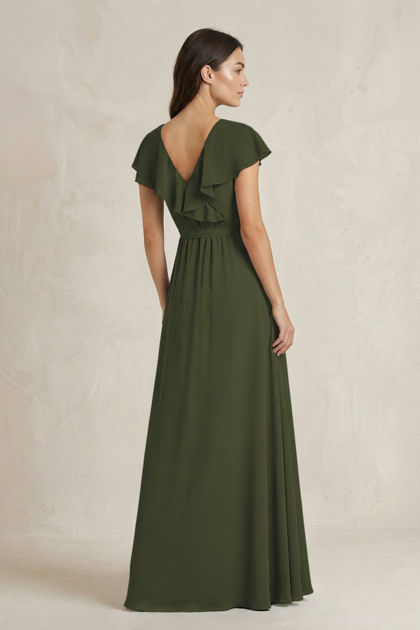 V-Neck A-Line Ruffled Chiffon Bridesmaid Dress With Bow  in Olive (2) | KISSBRIDAL
