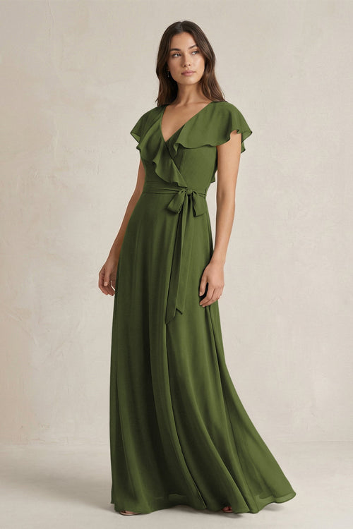 V - Neck A - Line Ruffled Chiffon Bridesmaid Dress With Bow in Olive - SHE IS ME Bridesmaid Dresses