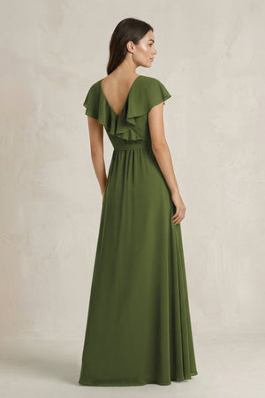 V - Neck A - Line Ruffled Chiffon Bridesmaid Dress With Bow in Olive - SHE IS ME Bridesmaid Dresses