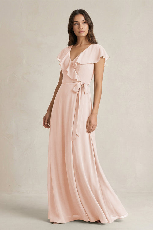 V - Neck A - Line Ruffled Chiffon Bridesmaid Dress With Bow in Pale Blush - SHE IS ME Bridesmaid Dresses