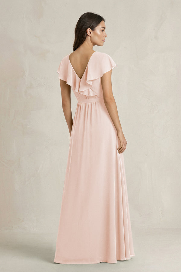 V - Neck A - Line Ruffled Chiffon Bridesmaid Dress With Bow in Pale Blush - SHE IS ME Bridesmaid Dresses