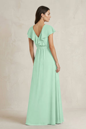V-Neck A-Line Ruffled Chiffon Bridesmaid Dress With Bow  in Pale Pistachio (2) | KISSBRIDAL