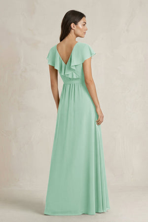 V - Neck A - Line Ruffled Chiffon Bridesmaid Dress With Bow in Pale Pistachio - SHE IS ME Bridesmaid Dresses