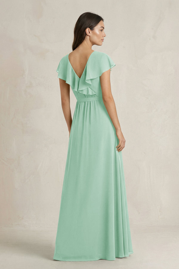 V - Neck A - Line Ruffled Chiffon Bridesmaid Dress With Bow in Pale Pistachio - SHE IS ME Bridesmaid Dresses