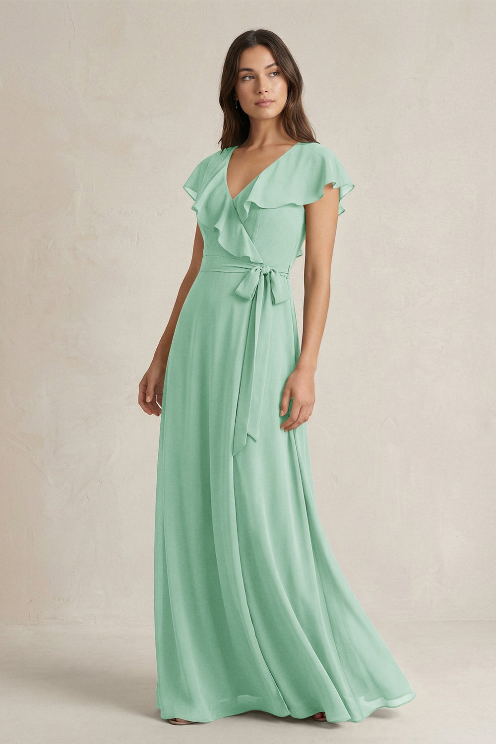 V - Neck A - Line Ruffled Chiffon Bridesmaid Dress With Bow in Pale Pistachio - KISS BRIDAL Bridesmaid Dresses