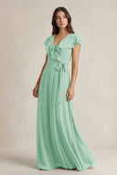 V - Neck A - Line Ruffled Chiffon Bridesmaid Dress With Bow in Pale Pistachio - SHE IS ME Bridesmaid Dresses