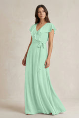 V-Neck A-Line Ruffled Chiffon Bridesmaid Dress With Bow  in Pale Pistachio | KISSBRIDAL