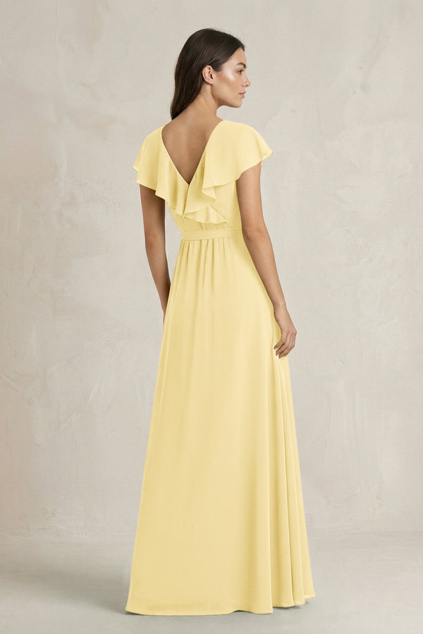 V - Neck A - Line Ruffled Chiffon Bridesmaid Dress With Bow in Pastel Yellow - SHE IS ME Bridesmaid Dresses