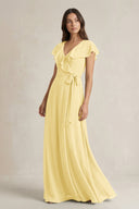 V - Neck A - Line Ruffled Chiffon Bridesmaid Dress With Bow in Pastel Yellow - SHE IS ME Bridesmaid Dresses