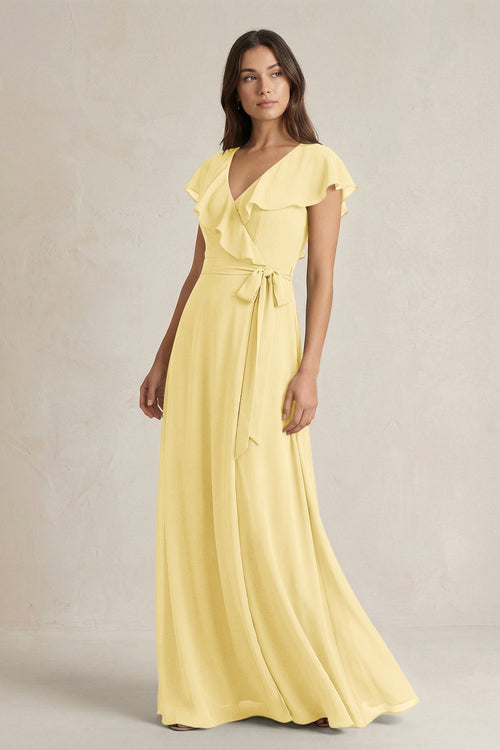 V - Neck A - Line Ruffled Chiffon Bridesmaid Dress With Bow in Pastel Yellow - SHE IS ME Bridesmaid Dresses
