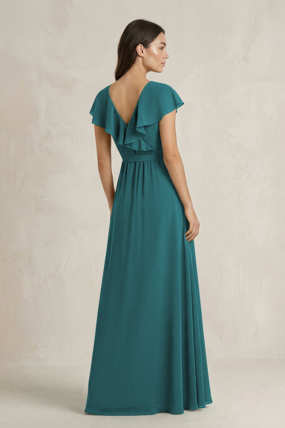 V - Neck A - Line Ruffled Chiffon Bridesmaid Dress With Bow in Pine - KISS BRIDAL Bridesmaid Dresses