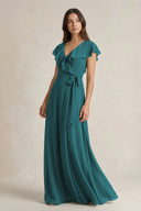 V - Neck A - Line Ruffled Chiffon Bridesmaid Dress With Bow in Pine - SHE IS ME Bridesmaid Dresses