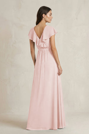 V-Neck A-Line Ruffled Chiffon Bridesmaid Dress With Bow  in Rose Petal (2) | KISSBRIDAL