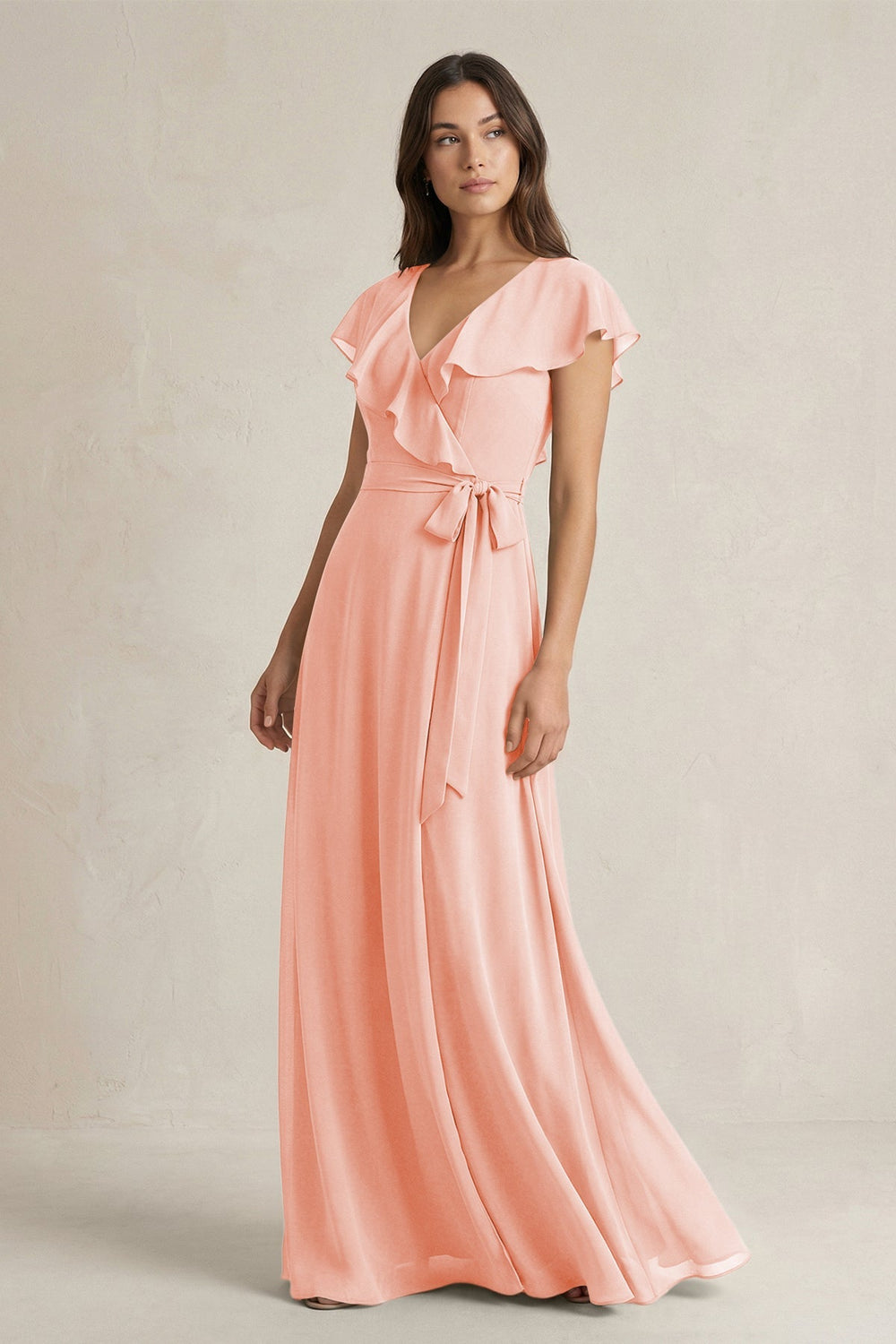 V - Neck A - Line Ruffled Chiffon Bridesmaid Dress With Bow in Rose Petal - KISS BRIDAL Bridesmaid Dresses