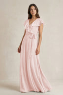 V-Neck A-Line Ruffled Chiffon Bridesmaid Dress With Bow  in Rose Petal | KISSBRIDAL