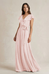 V-Neck A-Line Ruffled Chiffon Bridesmaid Dress With Bow  in Rose Petal | KISSBRIDAL