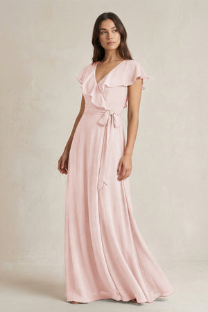 V-Neck A-Line Ruffled Chiffon Bridesmaid Dress With Bow  in Rose Petal | KISSBRIDAL