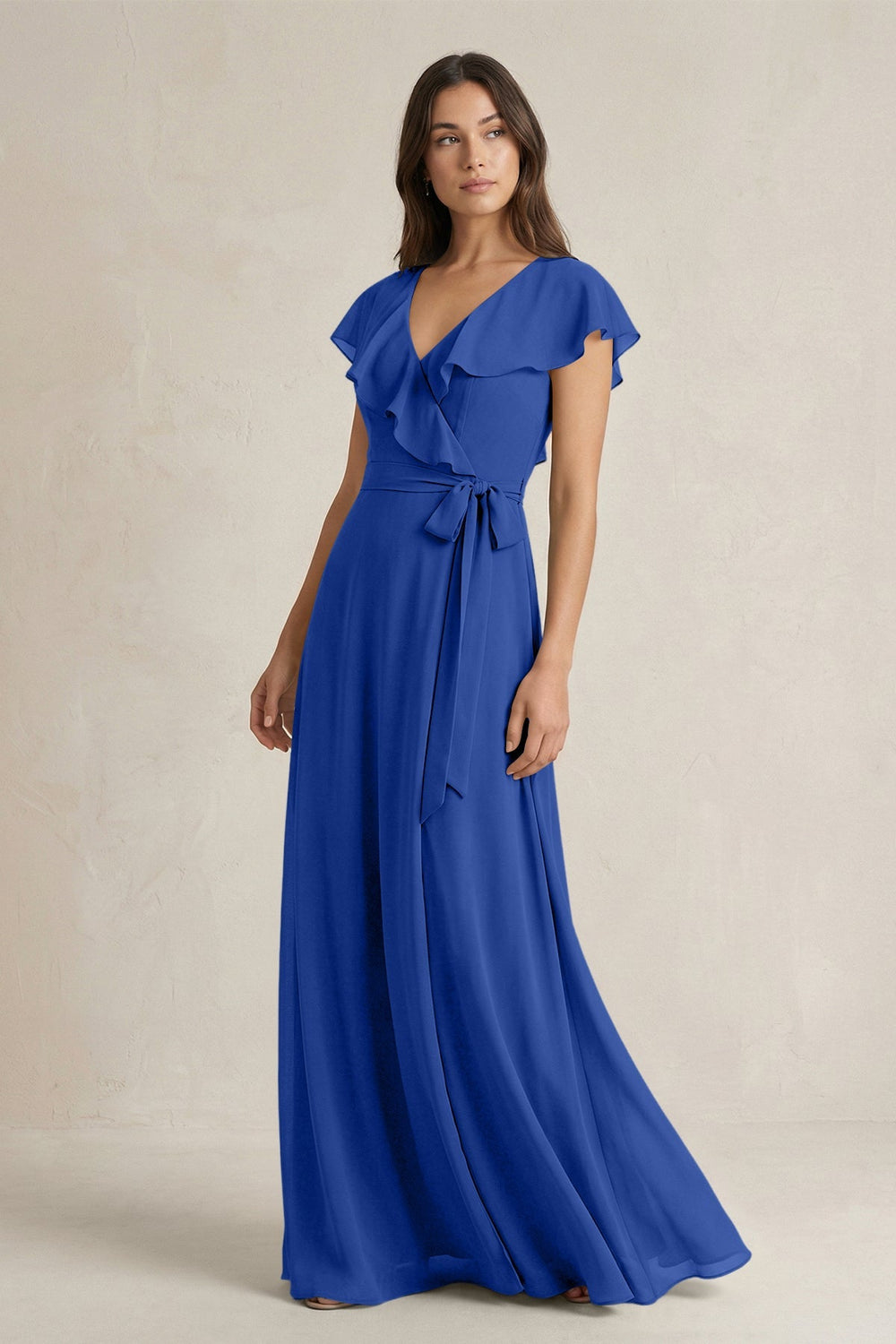 V - Neck A - Line Ruffled Chiffon Bridesmaid Dress With Bow in Royal Blue - KISS BRIDAL Bridesmaid Dresses