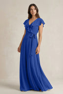 V - Neck A - Line Ruffled Chiffon Bridesmaid Dress With Bow in Royal Blue - SHE IS ME Bridesmaid Dresses