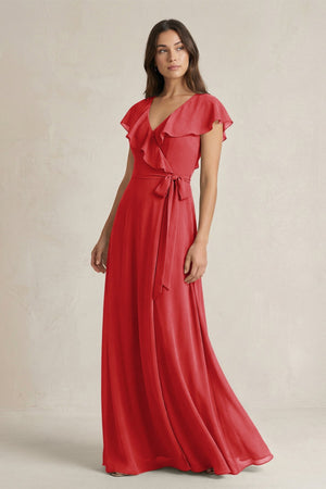 V - Neck A - Line Ruffled Chiffon Bridesmaid Dress With Bow in Ruby Red - SHE IS ME Bridesmaid Dresses