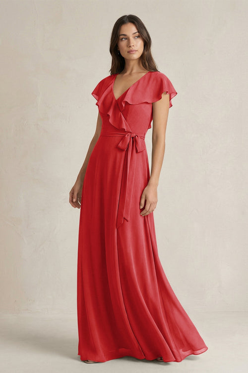 V - Neck A - Line Ruffled Chiffon Bridesmaid Dress With Bow in Ruby Red - SHE IS ME Bridesmaid Dresses