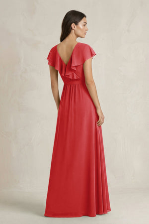 V - Neck A - Line Ruffled Chiffon Bridesmaid Dress With Bow in Ruby Red - SHE IS ME Bridesmaid Dresses