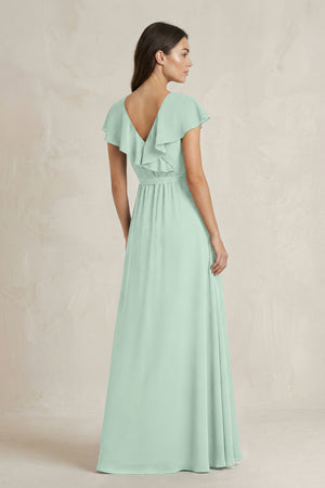V-Neck A-Line Ruffled Chiffon Bridesmaid Dress With Bow  in Sage (2) | KISSBRIDAL