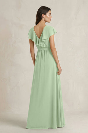 V - Neck A - Line Ruffled Chiffon Bridesmaid Dress With Bow in Sage - SHE IS ME Bridesmaid Dresses