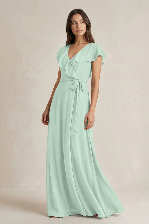 V-Neck A-Line Ruffled Chiffon Bridesmaid Dress With Bow  in Sage | KISSBRIDAL