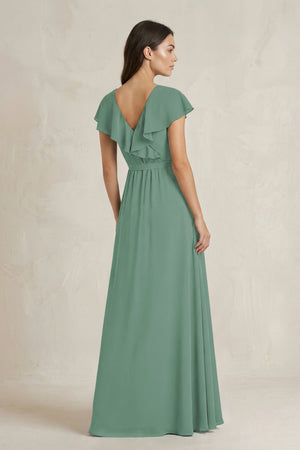 V-Neck A-Line Ruffled Chiffon Bridesmaid Dress With Bow  in Sea Glass (2) | KISSBRIDAL
