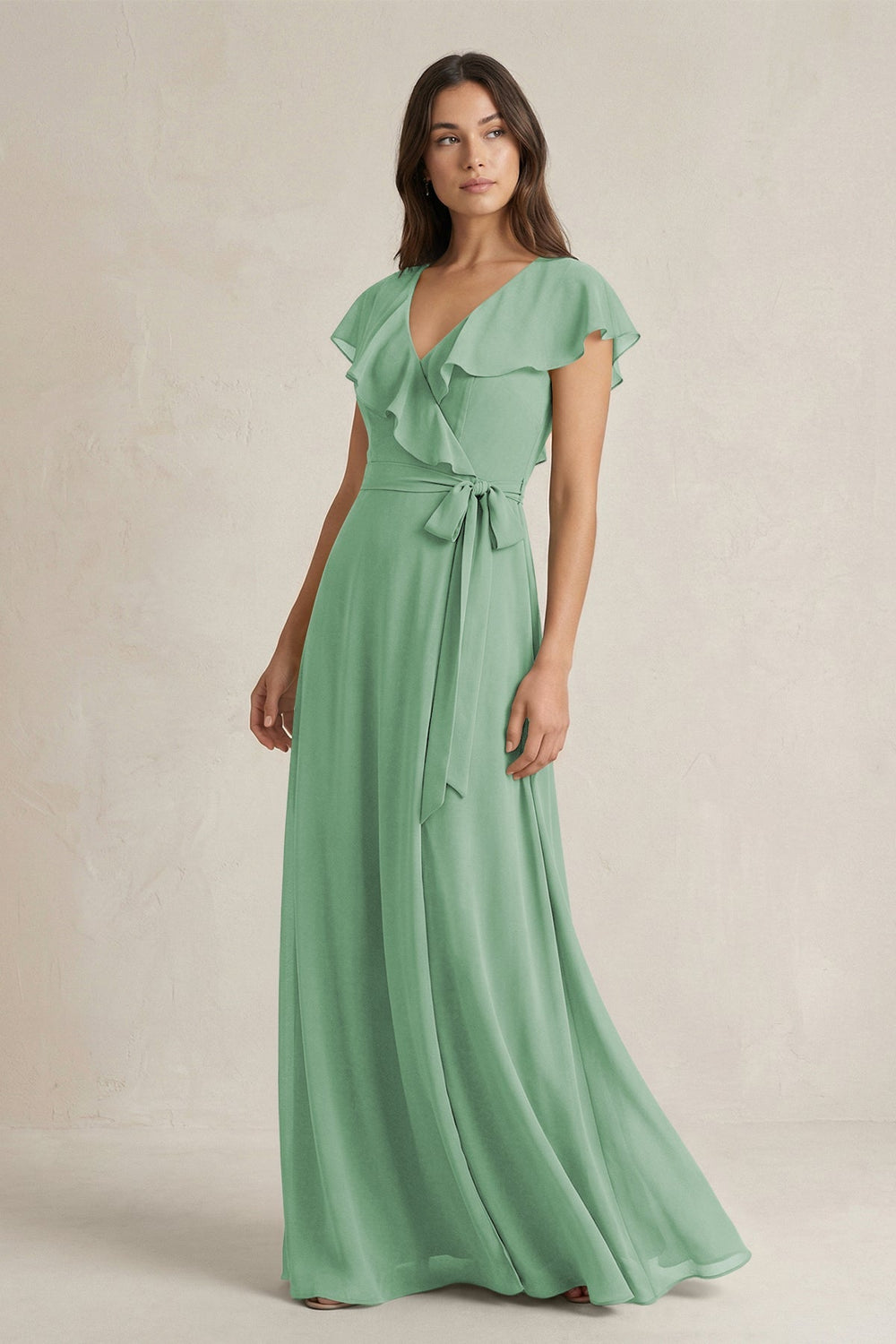 V - Neck A - Line Ruffled Chiffon Bridesmaid Dress With Bow in Sea Glass - KISS BRIDAL Bridesmaid Dresses
