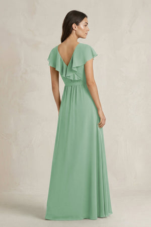 V - Neck A - Line Ruffled Chiffon Bridesmaid Dress With Bow in Sea Glass - SHE IS ME Bridesmaid Dresses
