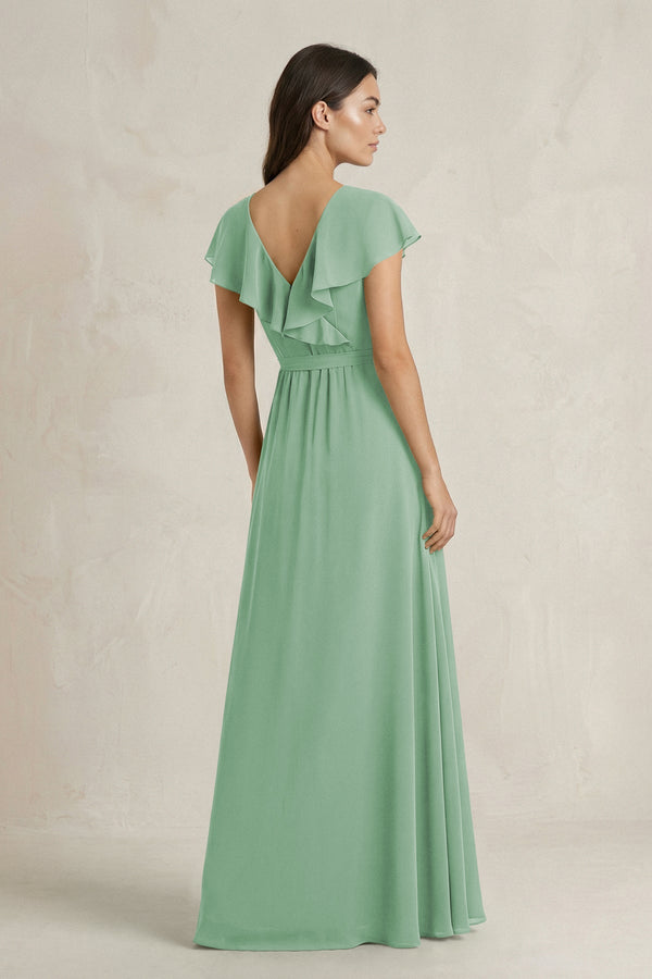 V - Neck A - Line Ruffled Chiffon Bridesmaid Dress With Bow in Sea Glass - SHE IS ME Bridesmaid Dresses