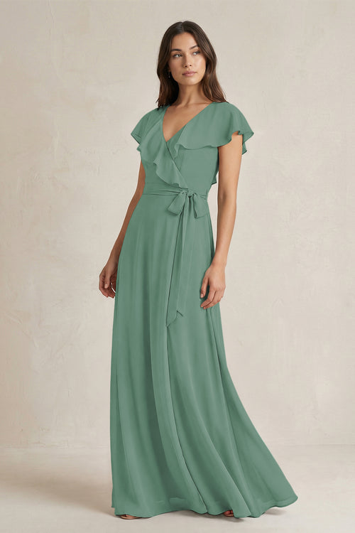 V-Neck A-Line Ruffled Chiffon Bridesmaid Dress With Bow  in Sea Glass | KISSBRIDAL