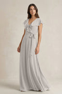 V - Neck A - Line Ruffled Chiffon Bridesmaid Dress With Bow in Silver - SHE IS ME Bridesmaid Dresses