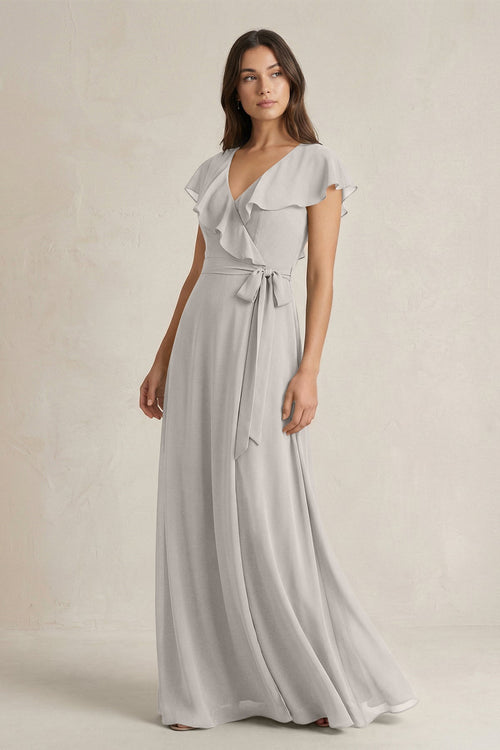 V - Neck A - Line Ruffled Chiffon Bridesmaid Dress With Bow in Silver - SHE IS ME Bridesmaid Dresses