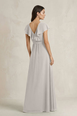V - Neck A - Line Ruffled Chiffon Bridesmaid Dress With Bow in Silver - SHE IS ME Bridesmaid Dresses