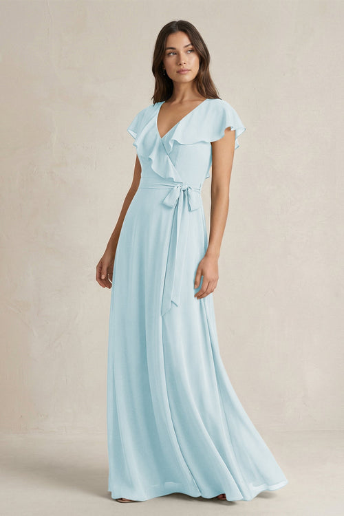 V - Neck A - Line Ruffled Chiffon Bridesmaid Dress With Bow in Sky Blue - SHE IS ME Bridesmaid Dresses
