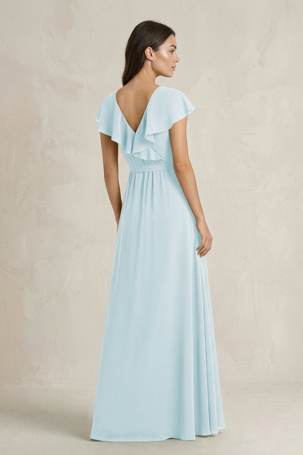 V - Neck A - Line Ruffled Chiffon Bridesmaid Dress With Bow in Sky Blue - SHE IS ME Bridesmaid Dresses